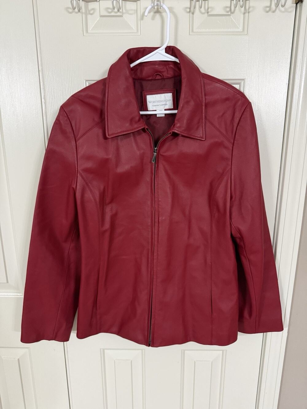 Worthington Women’s Red Leather Zip up Front Jacket Long Sleeve L